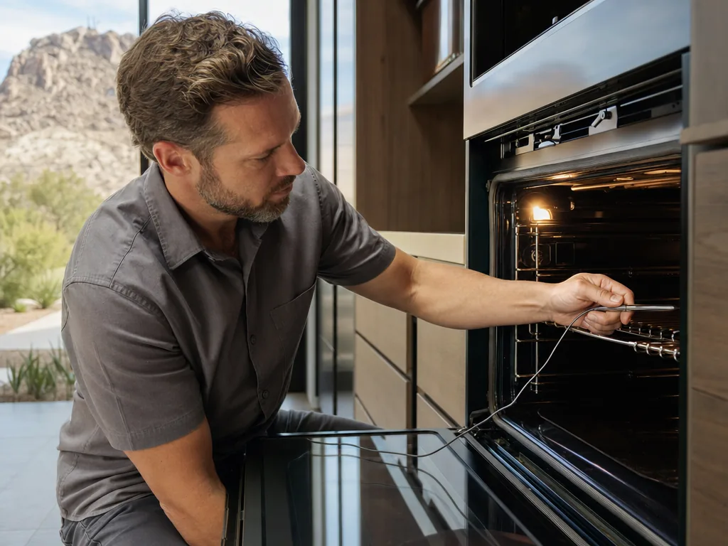 Technician repairing a built-in oven in a home kitchen