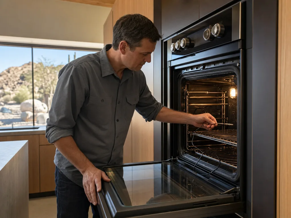 Technician repairing a built-in oven