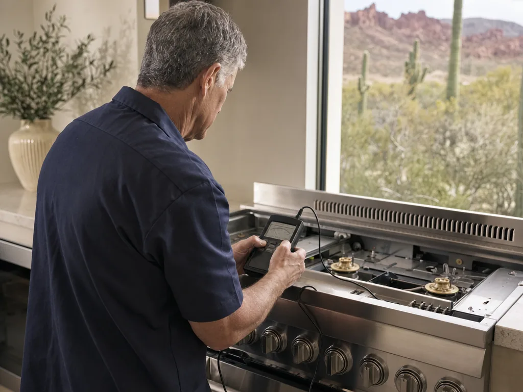 Technician repairing a built-in range
