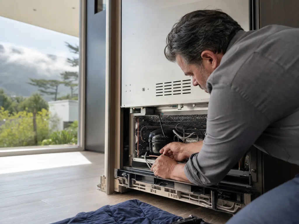 Technician repairing a built-in refrigerator