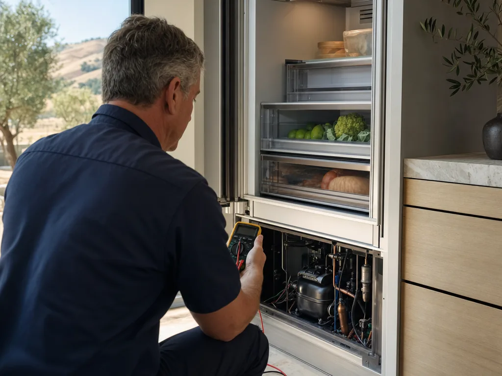 Technician repairing a built-in refrigerator