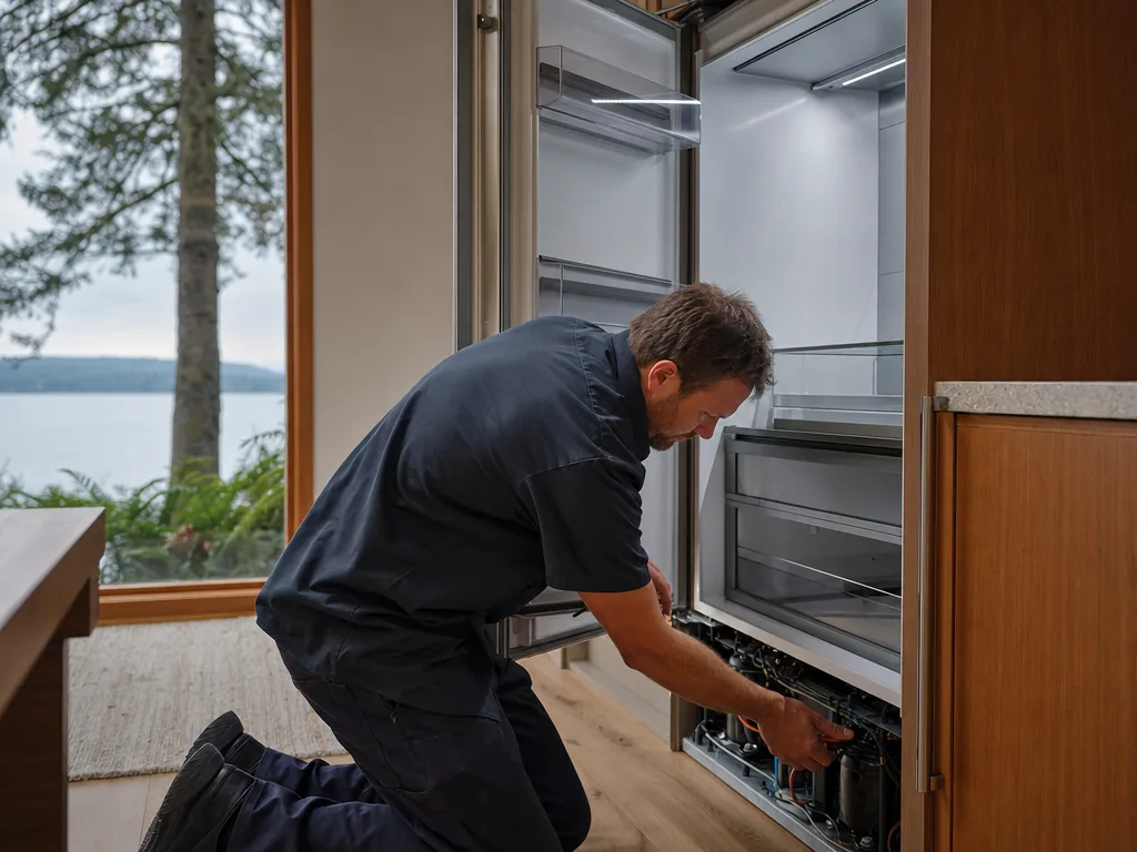 Technician repairing a built-in refrigerator in a home kitchen