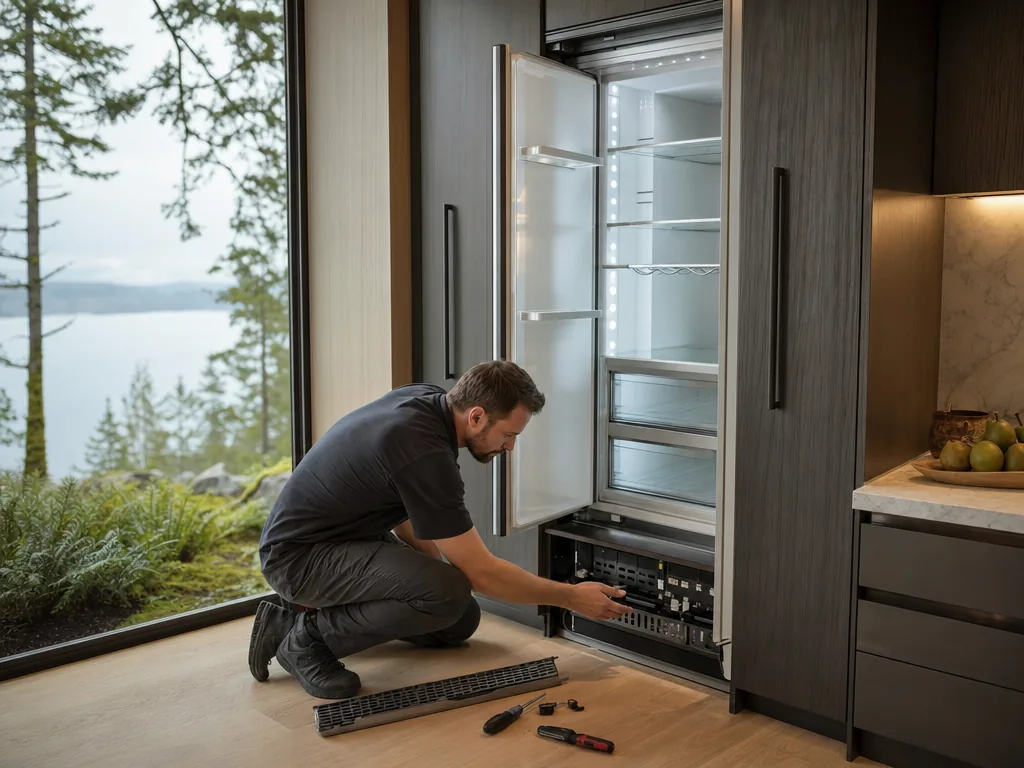 Technician repairing a built-in refrigerator