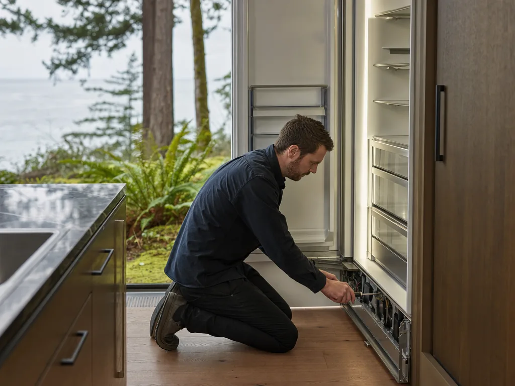 Technician servicing a built-in Sub-Zero appliance in a home kitchen