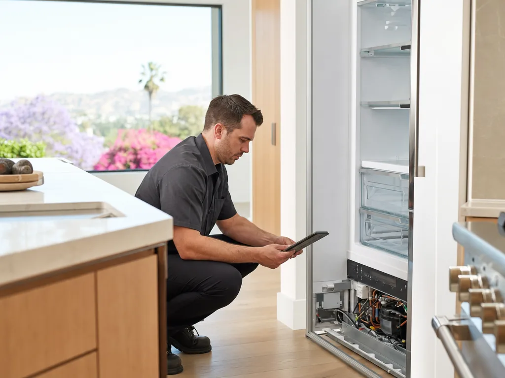 Technician servicing a built-in Thermador appliance in a home kitchen