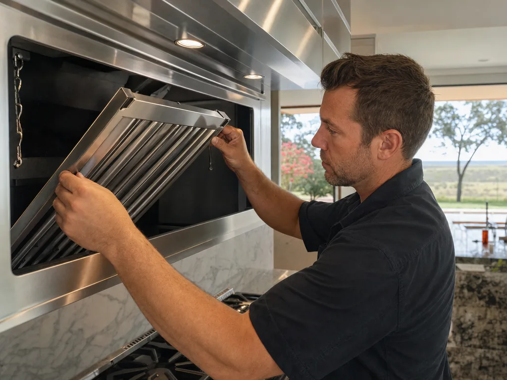 Technician repairing a built-in vent hood