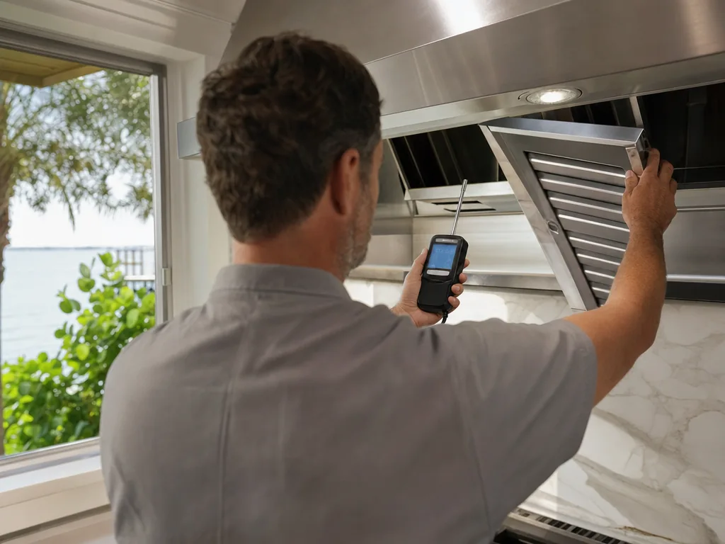 Technician repairing a built-in vent hood