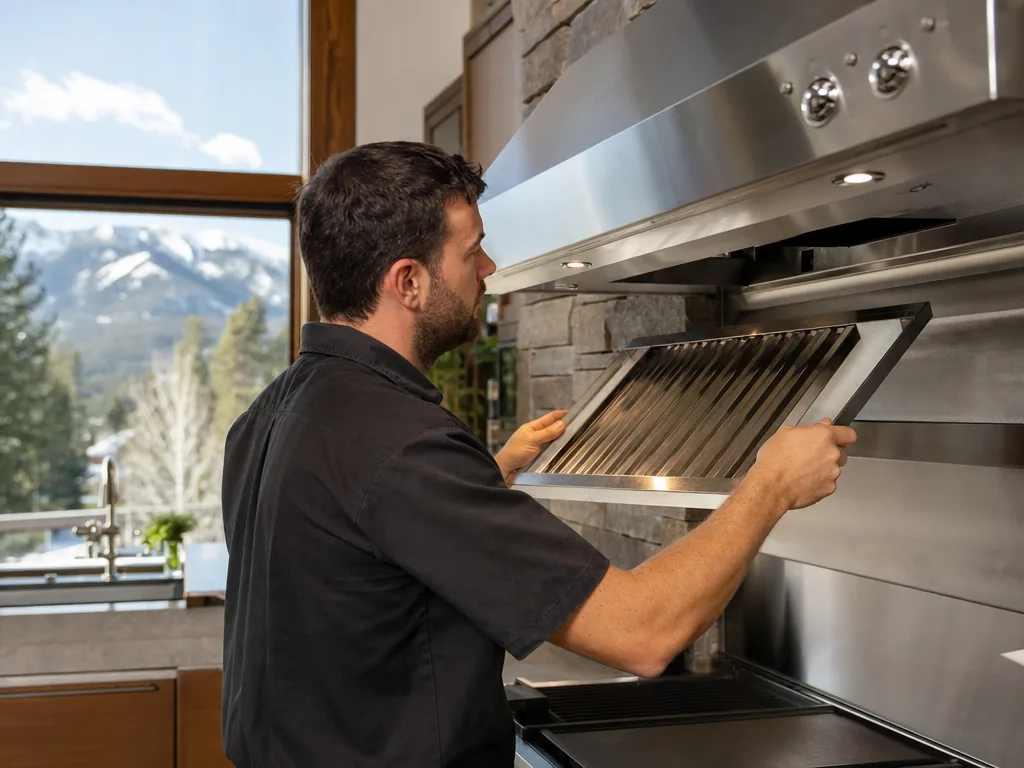 Technician repairing a built-in vent hood in a home kitchen