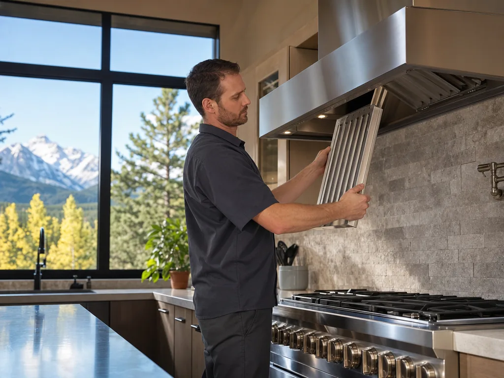 Technician repairing a built-in vent hood