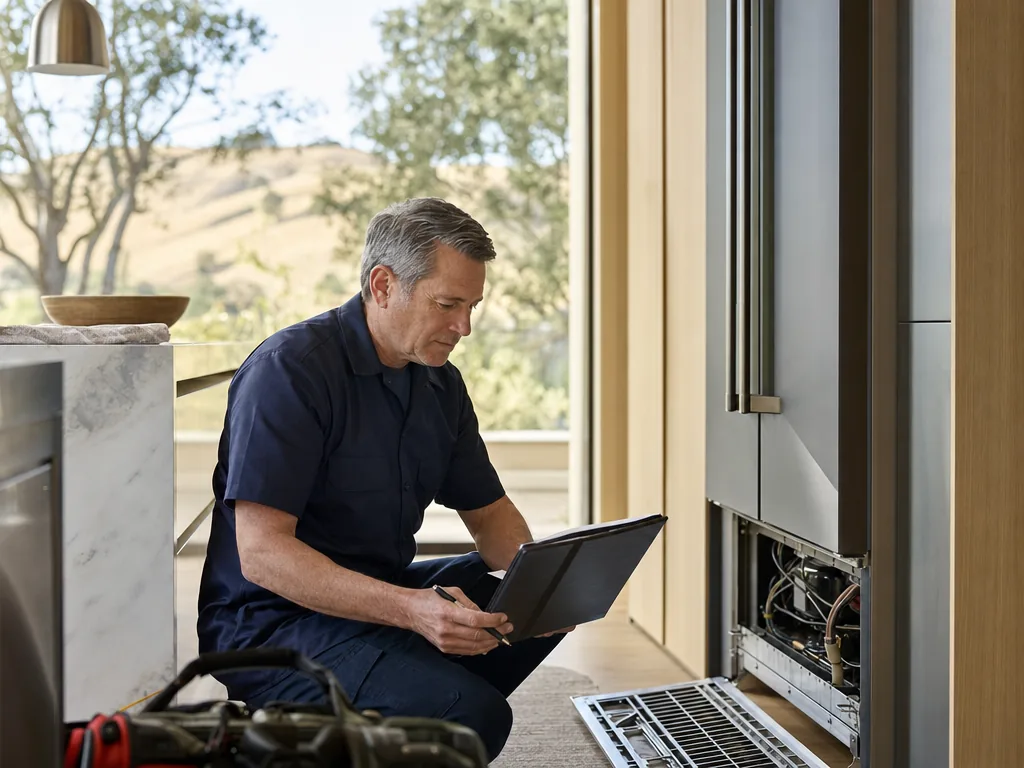 Technician servicing a built-in Viking appliance in a home kitchen