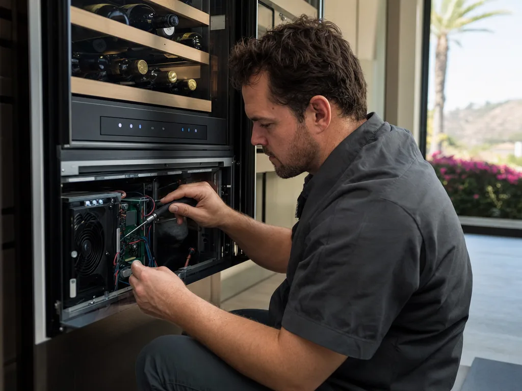 Technician repairing a built-in wine cooler