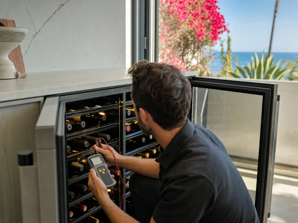 Technician repairing a built-in wine cooler