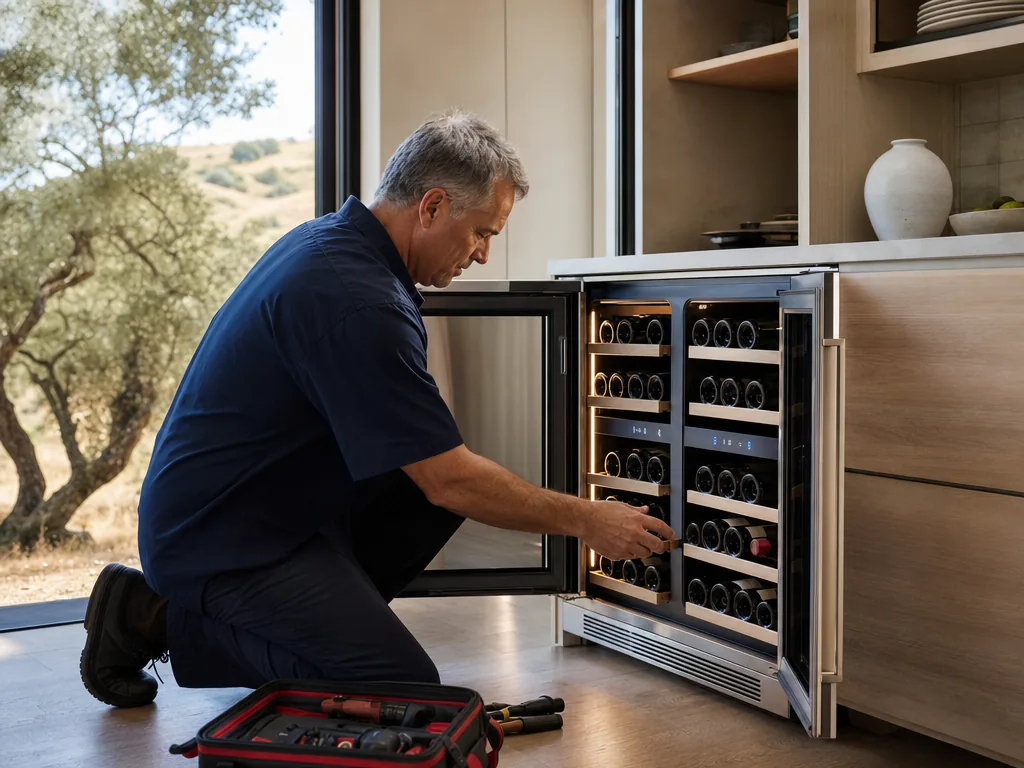 Technician repairing a built-in wine cooler in a home kitchen