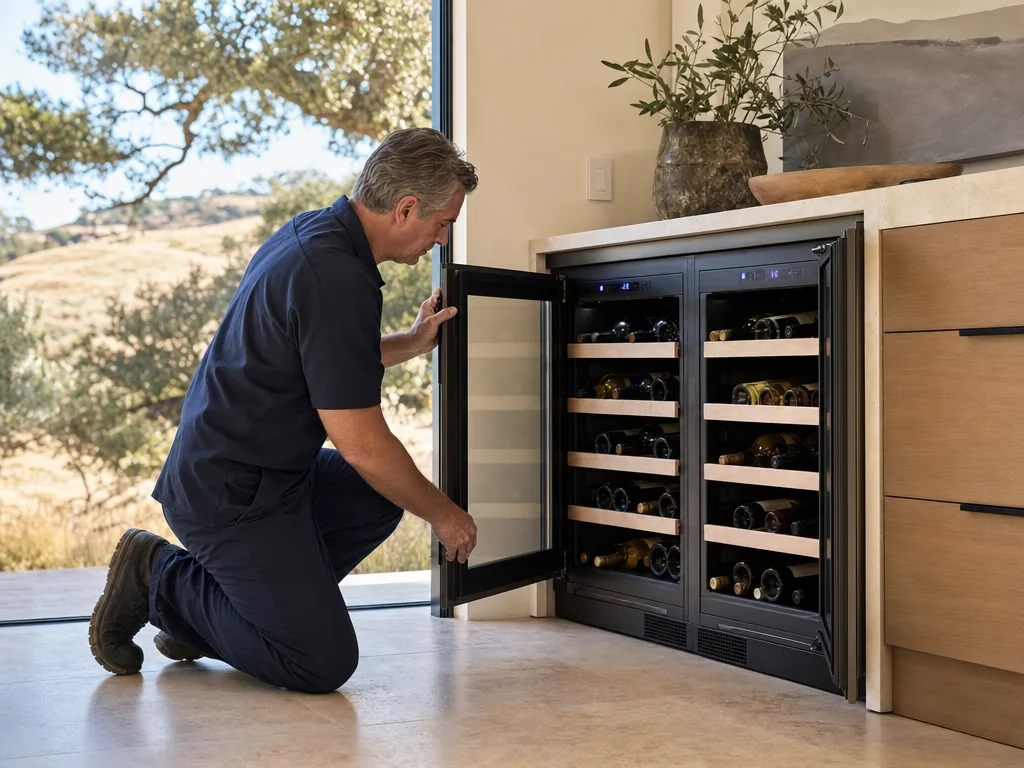 Technician repairing a built-in wine cooler